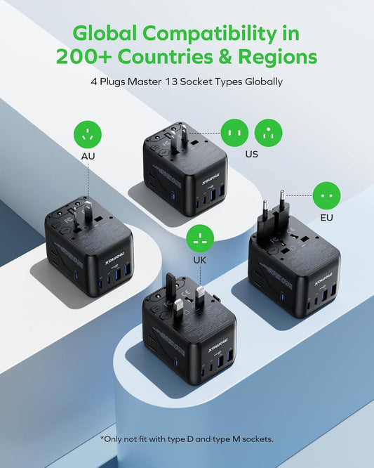 Universal Travel Adapter,70W Gan Travel Plug Adapter with UK/EU/AU/US Plugs, 2AC, 3USB-C PD & 2USB-A QC International Adapter Charger, Adapter Plug for Laptops Tablets Phones