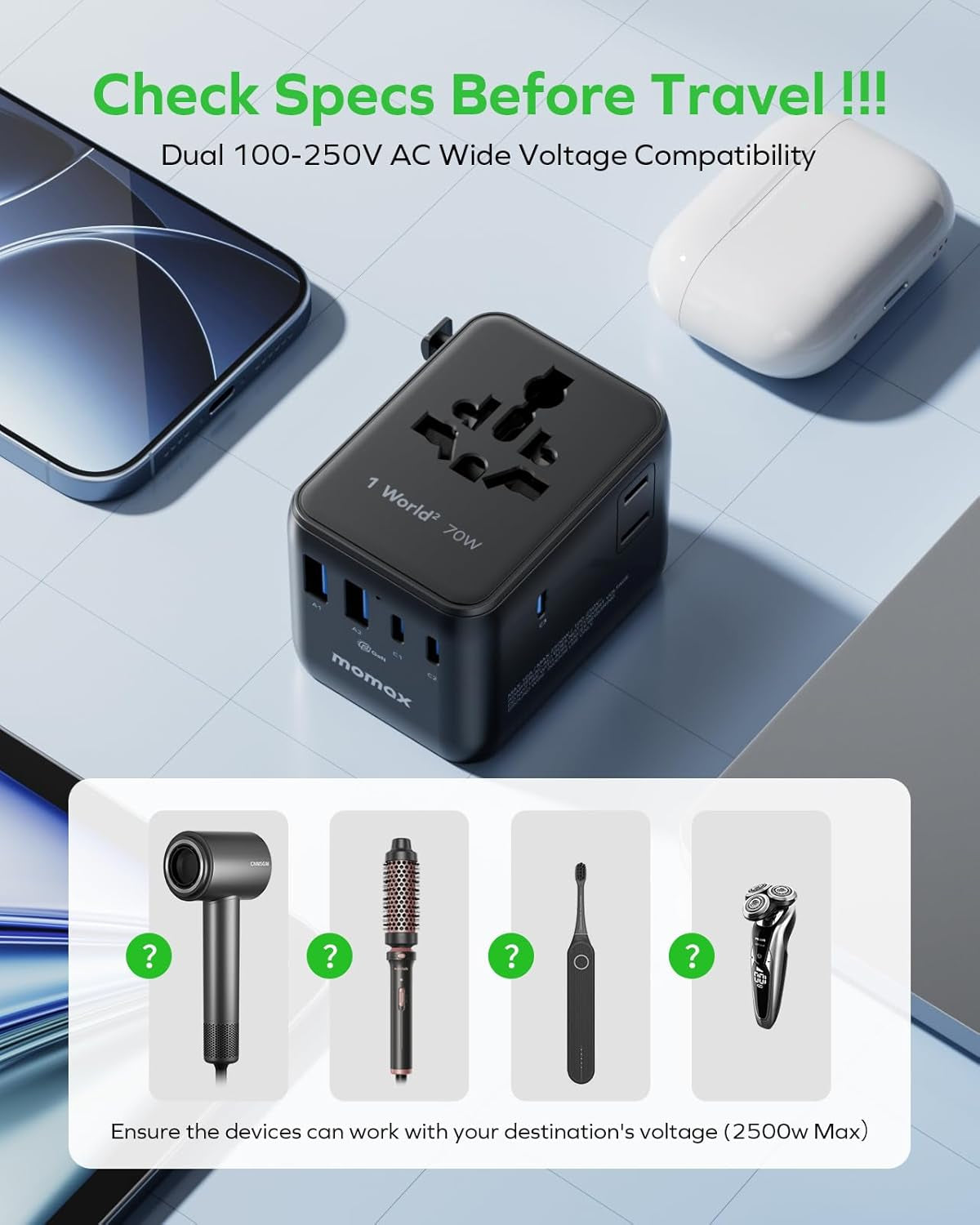 Universal Travel Adapter,70W Gan Travel Plug Adapter with UK/EU/AU/US Plugs, 2AC, 3USB-C PD & 2USB-A QC International Adapter Charger, Adapter Plug for Laptops Tablets Phones