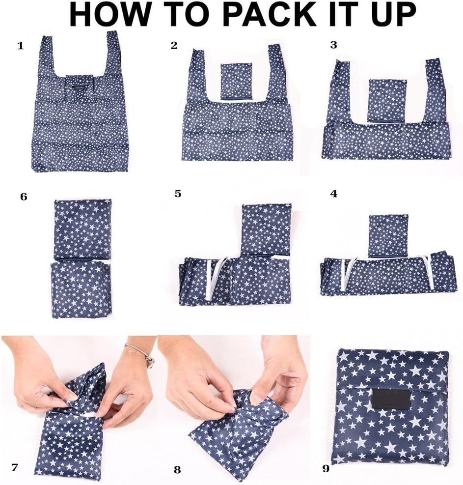 4 Pack Foldable Shopping Bags Reusable Eco-Friendly Grocery Tote Bags Shopper Bag Folding into Attached Pouch (Random Color)