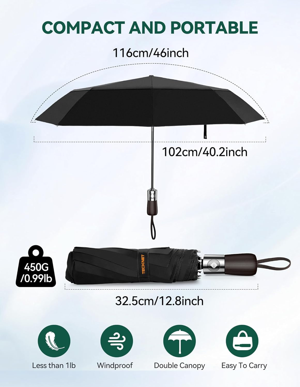 Umbrella Windproof Strong Real Wood Handle Auto Open Close Vented Double Canopy - Portable Compact Folding Travel Umbrella, Strong Fiberglass Frame for Men and Women