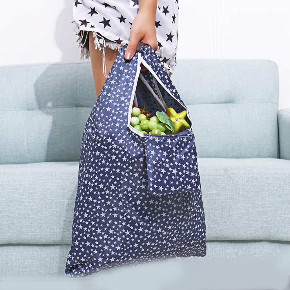 4 Pack Foldable Shopping Bags Reusable Eco-Friendly Grocery Tote Bags Shopper Bag Folding into Attached Pouch (Random Color)