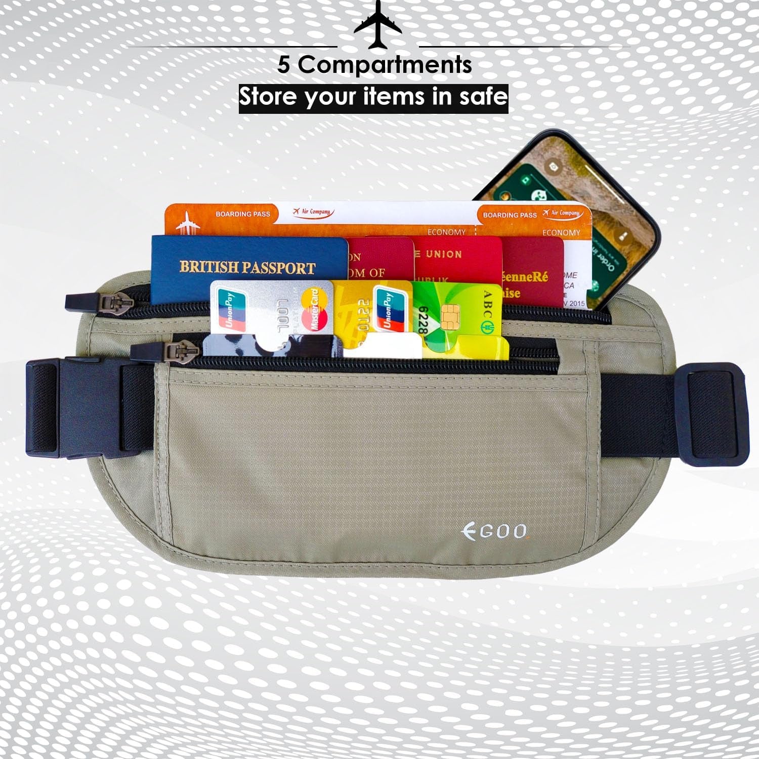 - Ultralight RFID Money Belt with Adjustable Elastic Strap for Travel Hidden Security Waist Money Pouch with Multi-Pocket + 3 RFID Card Protector Sleeve (Grey)