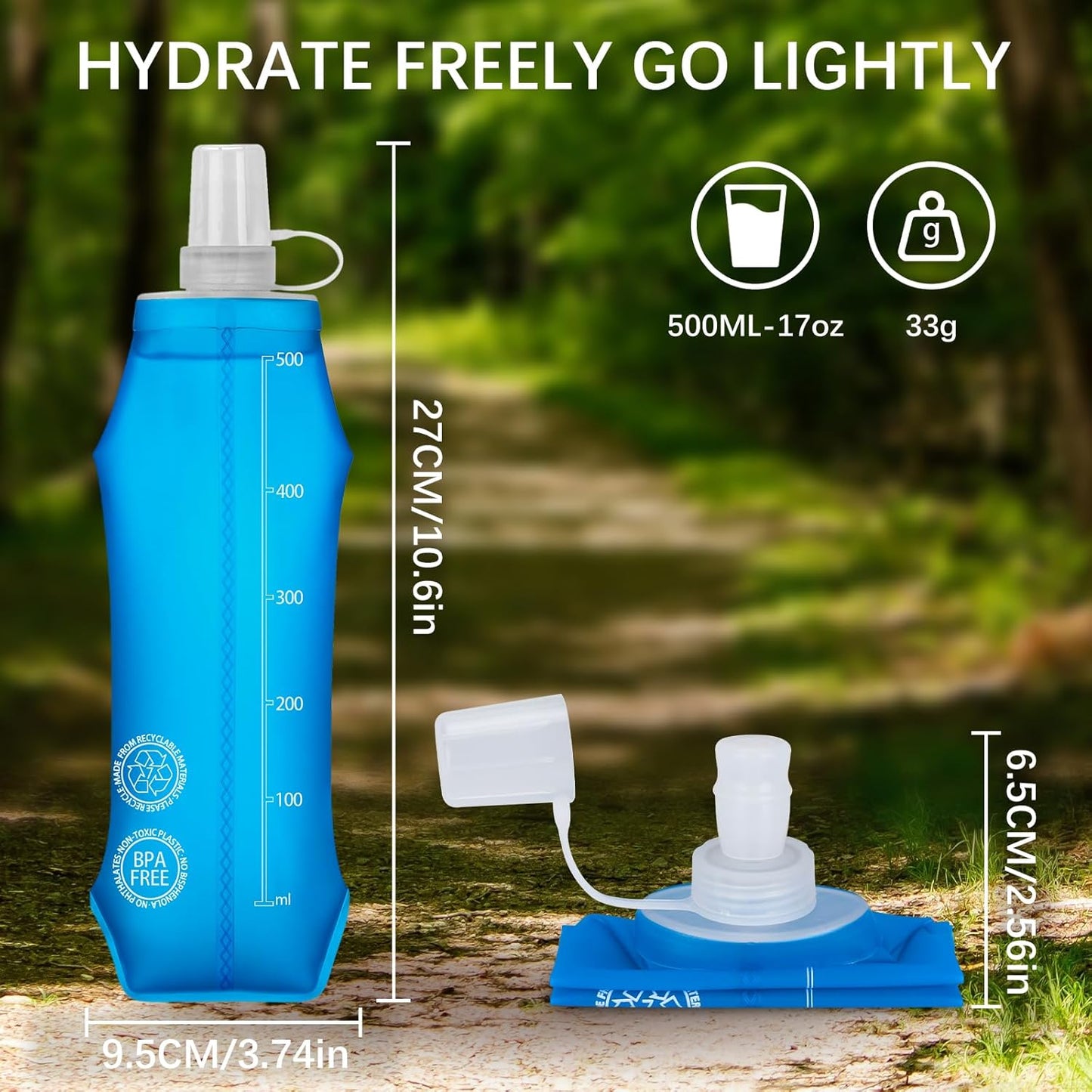 2PCS Collapsible Water Bottle - BPA- Free TPU, Reusable Soft Flask 500ML - Dust and Leak Proof for Hydration Vest, Outdoor Running, Hiking, Camping, Cycling, Travel