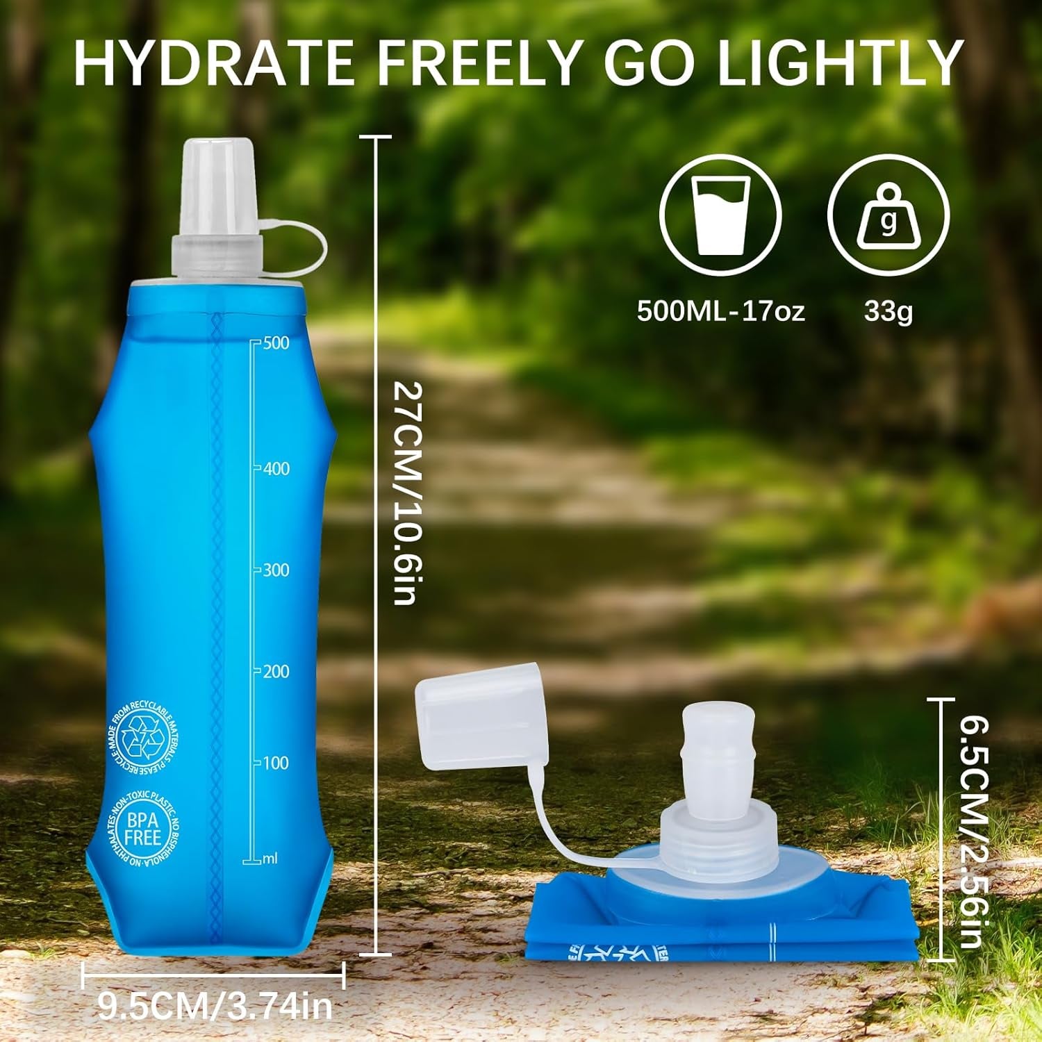 2PCS Collapsible Water Bottle - BPA- Free TPU, Reusable Soft Flask 500ML - Dust and Leak Proof for Hydration Vest, Outdoor Running, Hiking, Camping, Cycling, Travel