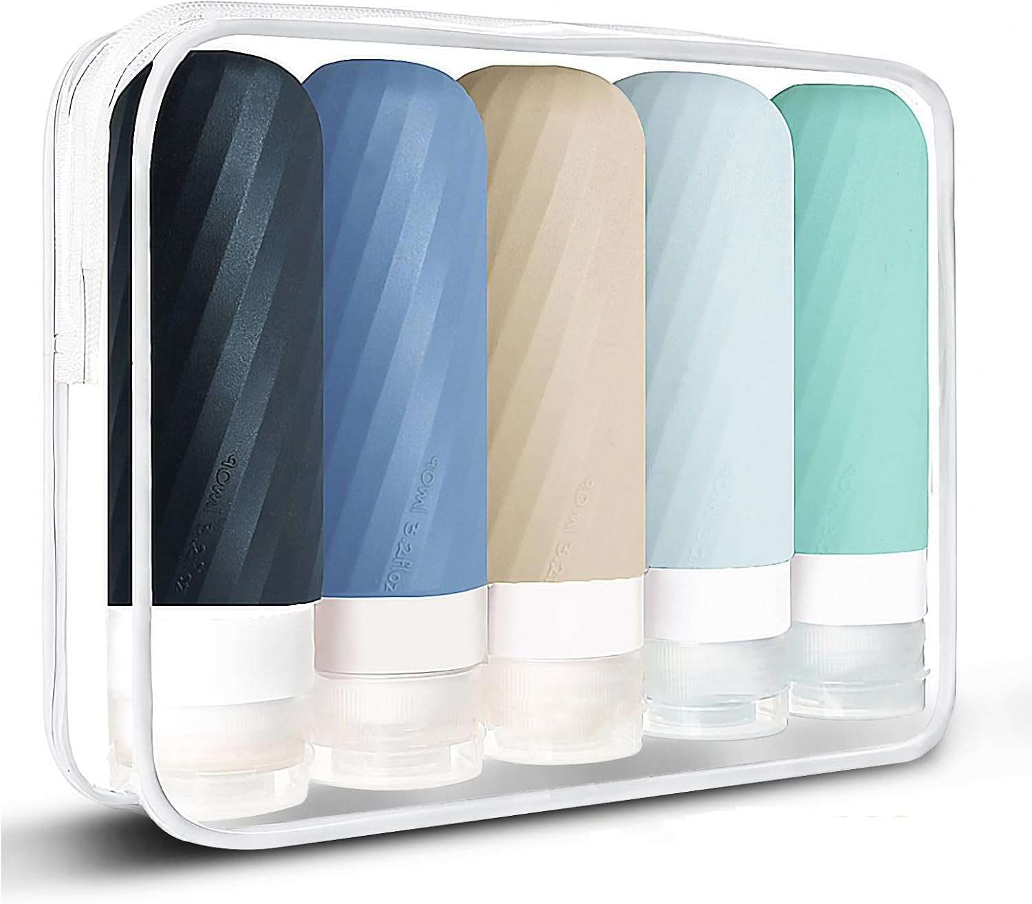5 Pack Travel Bottles for Toiletries with Labels, 100ML Silicone Travel Bottles Set with Clear Zipper Toiletry Bag, Leakproof Refillable Squeeze Travel Size Containers for Shampoo Conditioner