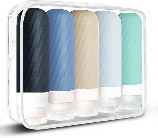 5 Pack Travel Bottles for Toiletries with Labels, 100ML Silicone Travel Bottles Set with Clear Zipper Toiletry Bag, Leakproof Refillable Squeeze Travel Size Containers for Shampoo Conditioner