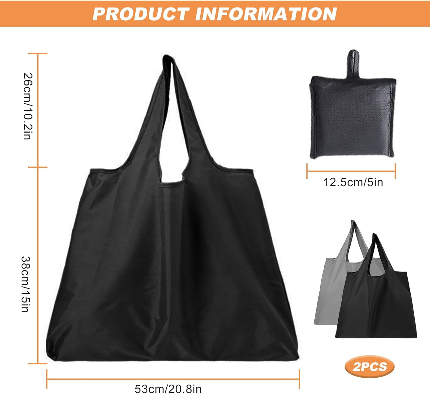 Reusable Shopping Bag Foldable, Large Fold up Tote Shopping Bags Folding in a Pouch Washable Grocery Bags Storage Black & Grey