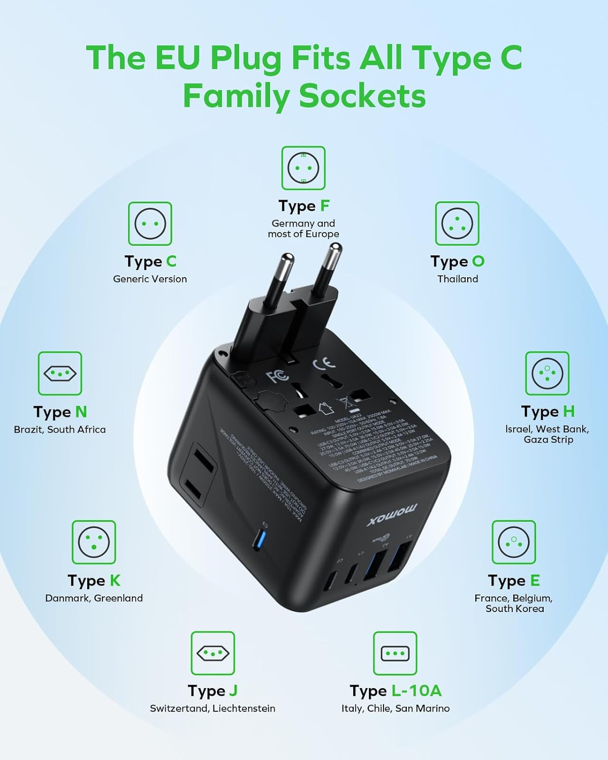 Universal Travel Adapter,70W Gan Travel Plug Adapter with UK/EU/AU/US Plugs, 2AC, 3USB-C PD & 2USB-A QC International Adapter Charger, Adapter Plug for Laptops Tablets Phones