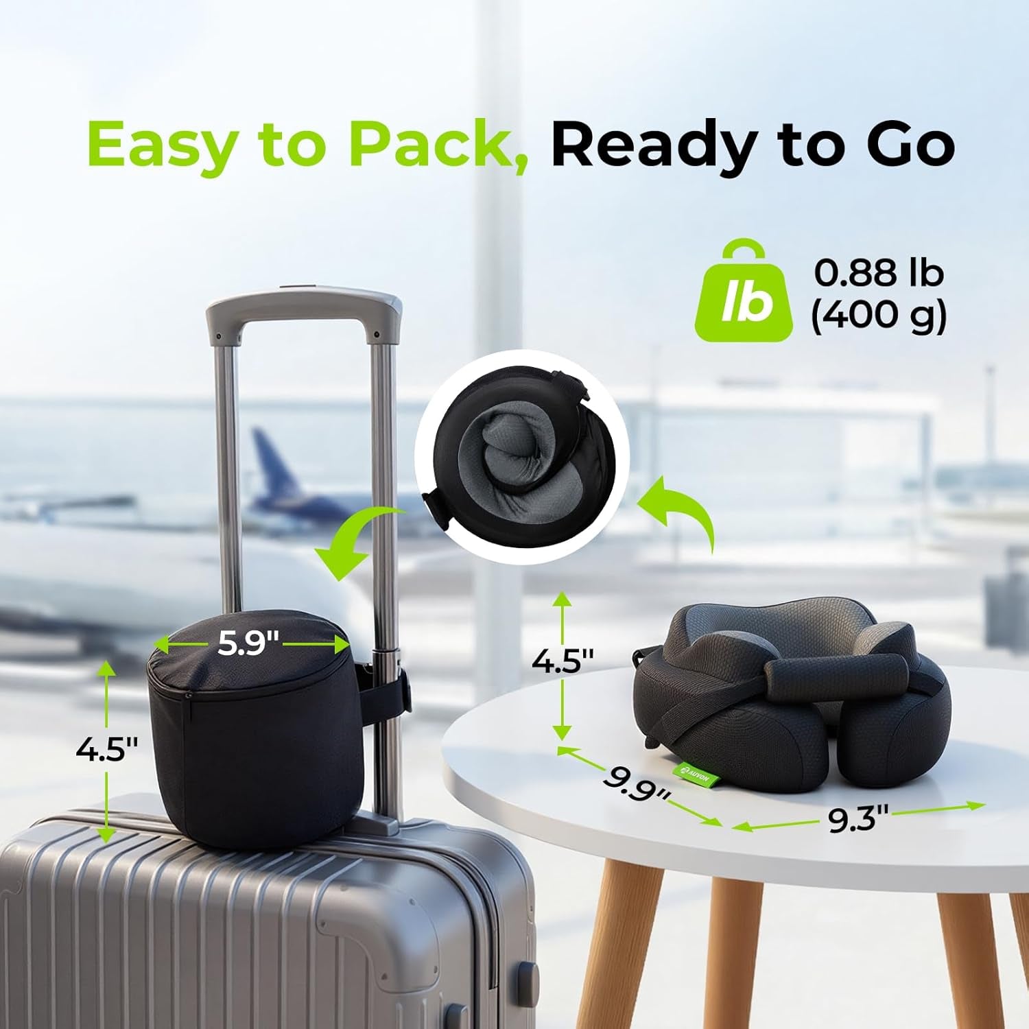 Travel Neck Pillow with Chin-Support Design & Straps to Airplane Seat, Stabilize Head for Relaxing Sleeping Rest, Ear-Friendly Memory Foam Neck Pillow for Travel, Breathable Cool Fabric