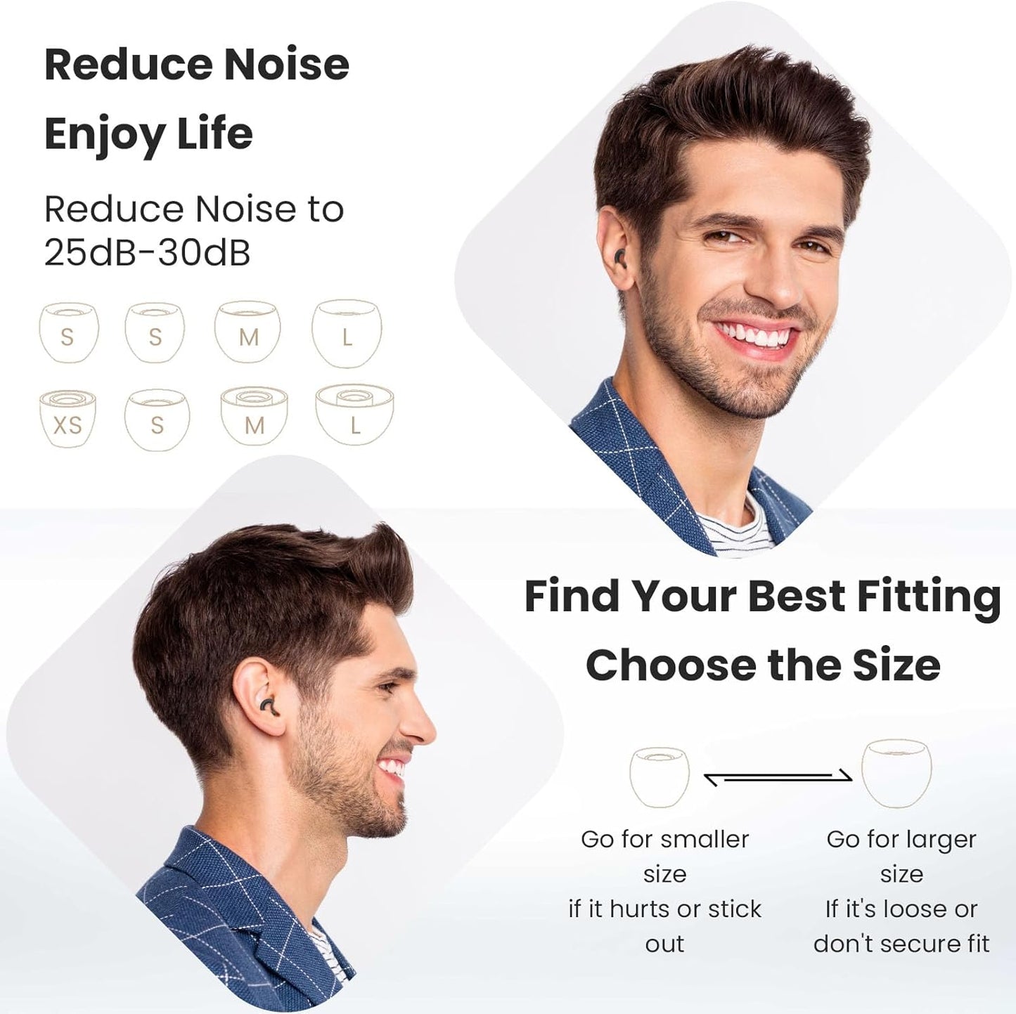 Ear Plugs for Sleeping, 2 Pairs of Reusable Earplugs for Noise Reduction 25Db-30Db with 8 Ear Tips, Soft Hearing Protection Earplugs for Concert,Noise Sensitivity, Study & Work