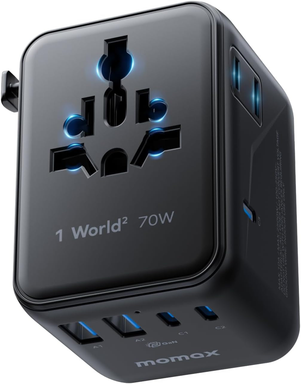 Universal Travel Adapter,70W Gan Travel Plug Adapter with UK/EU/AU/US Plugs, 2AC, 3USB-C PD & 2USB-A QC International Adapter Charger, Adapter Plug for Laptops Tablets Phones