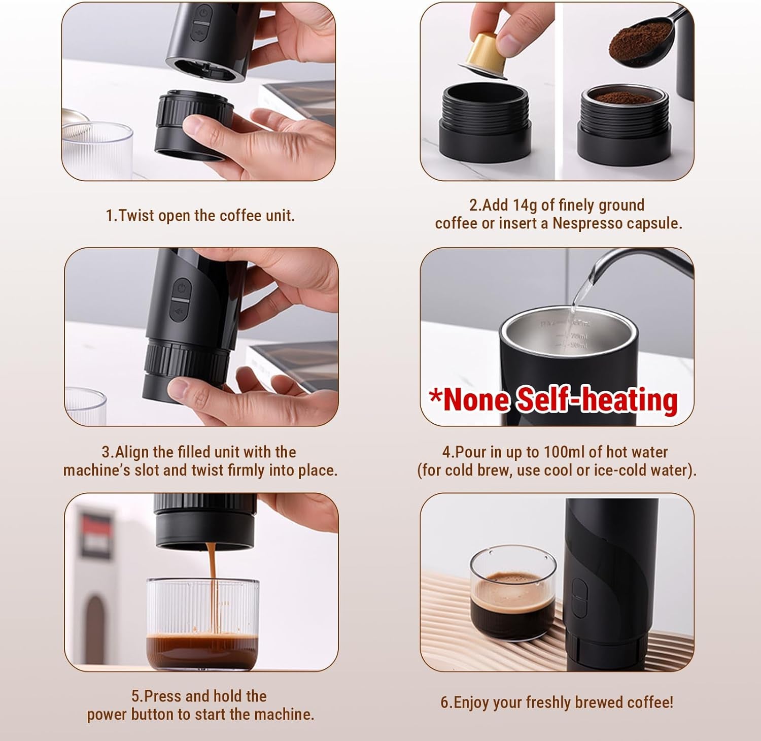 2 in 1 Portable Electric Coffee Maker None Self-Heating, 20-Bar Portable Espresso Maker Rechargable, Travel Coffee Maker for Car, Camping, Office, Compatible with Coffee Powder and Nespresso Capsule