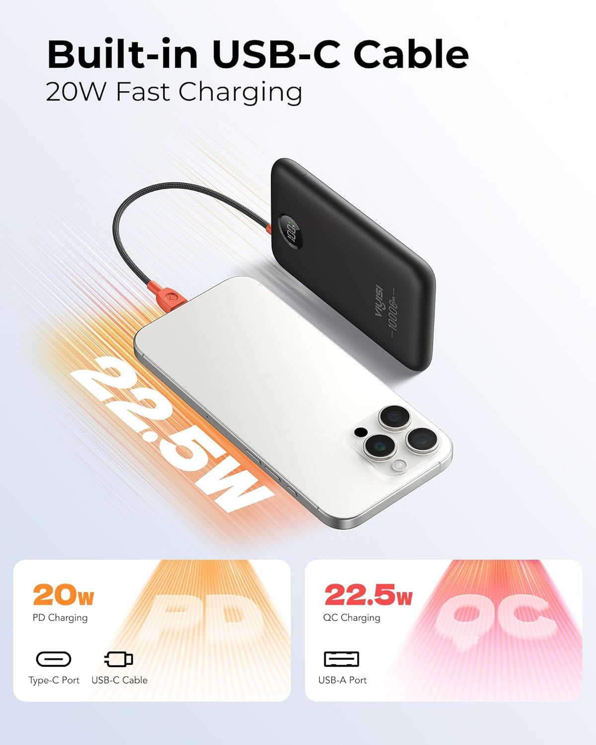 Ultra-Slim 10000Mah Power Bank, QC 22.5W Fast Charging Portable Charger with Built-In Type-C Cable, LED Display Travel Phone Charger for Iphone 17 16 15 Samsung Android -Black