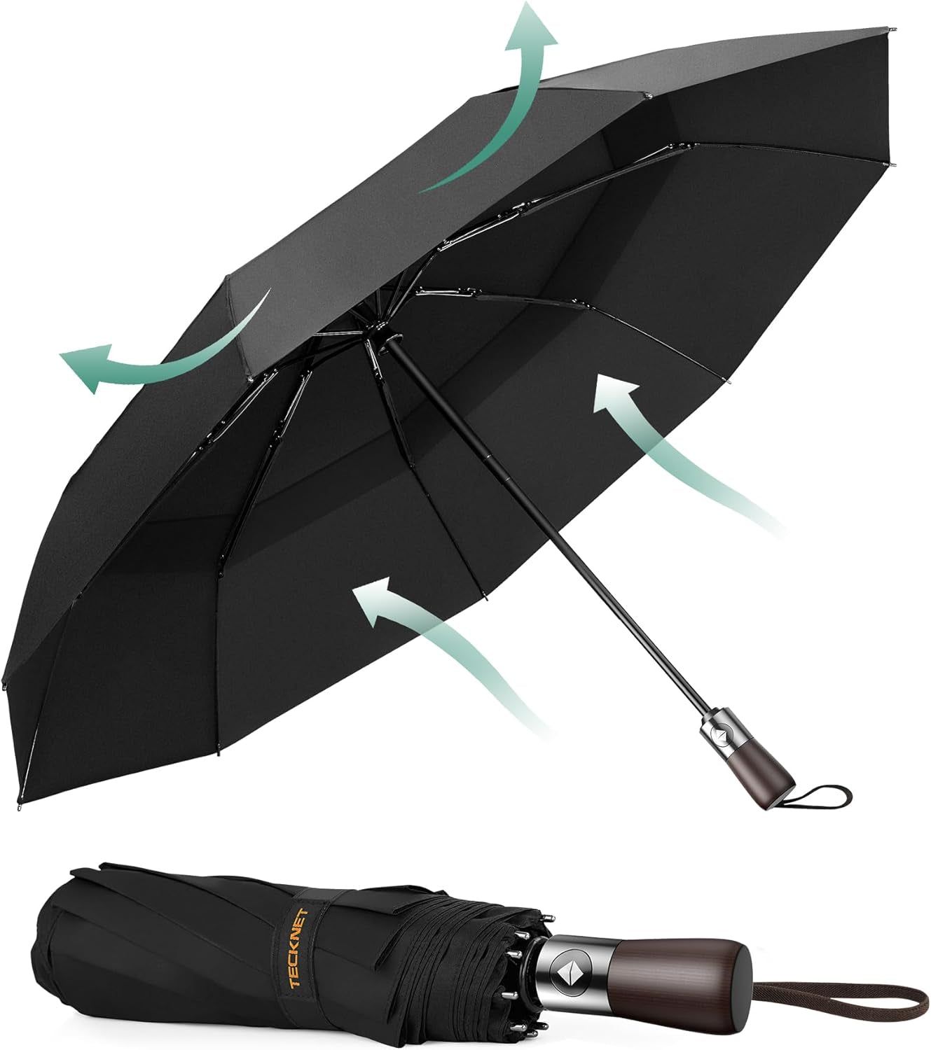 Umbrella Windproof Strong Real Wood Handle Auto Open Close Vented Double Canopy - Portable Compact Folding Travel Umbrella, Strong Fiberglass Frame for Men and Women