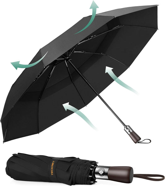 Umbrella Windproof Strong Real Wood Handle Auto Open Close Vented Double Canopy - Portable Compact Folding Travel Umbrella, Strong Fiberglass Frame for Men and Women