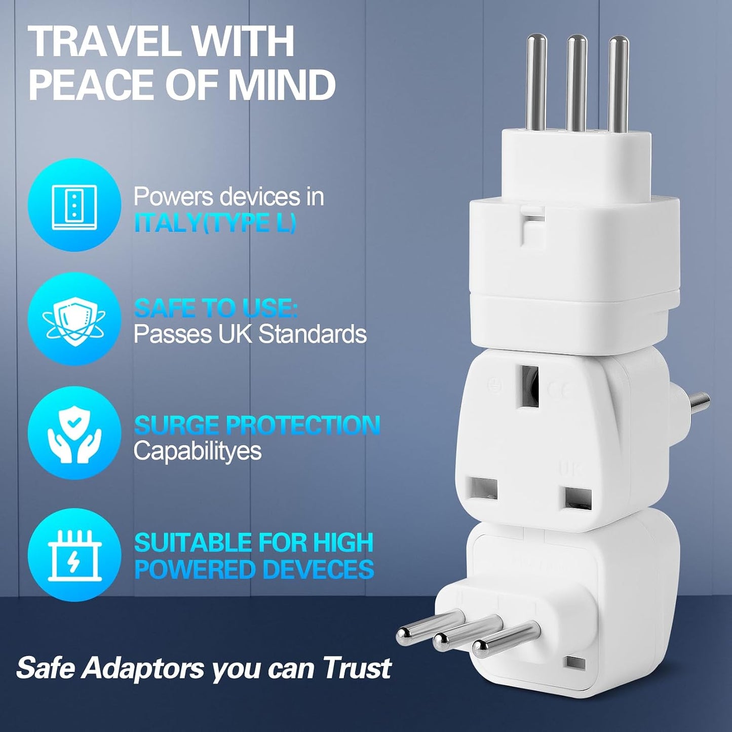3-Pack UK to ITALY Plug Adapters Italy Power Converter Grounded Universal Travel Adapter 3 Pin Italian Chile International Type L Plug (White)