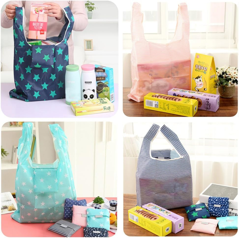 4 Pack Foldable Shopping Bags Reusable Eco-Friendly Grocery Tote Bags Shopper Bag Folding into Attached Pouch (Random Color)
