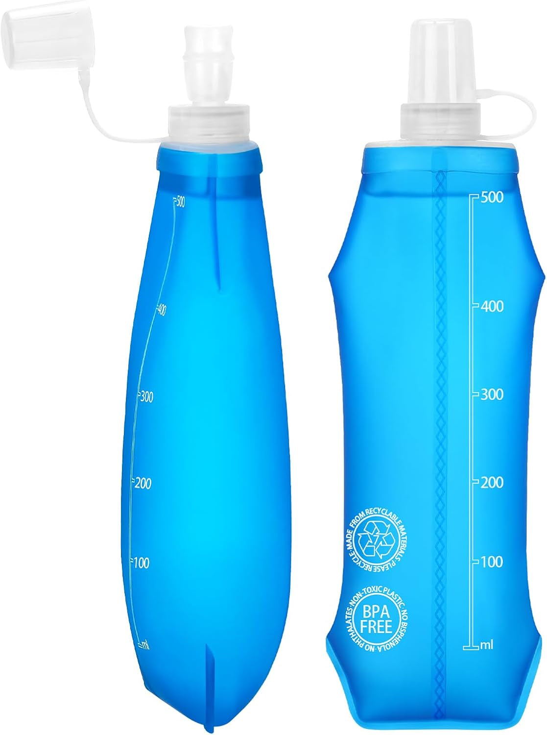 2PCS Collapsible Water Bottle - BPA- Free TPU, Reusable Soft Flask 500ML - Dust and Leak Proof for Hydration Vest, Outdoor Running, Hiking, Camping, Cycling, Travel