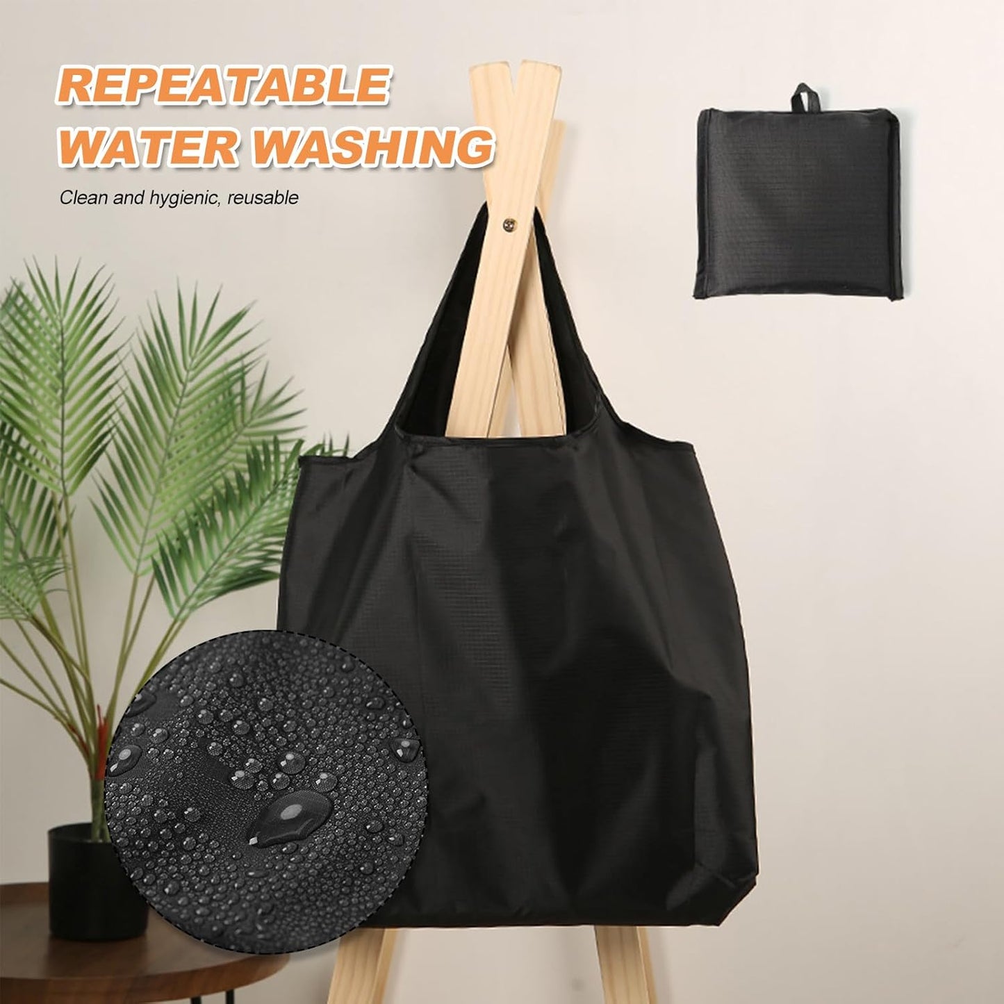 Reusable Shopping Bag Foldable, Large Fold up Tote Shopping Bags Folding in a Pouch Washable Grocery Bags Storage Black & Grey