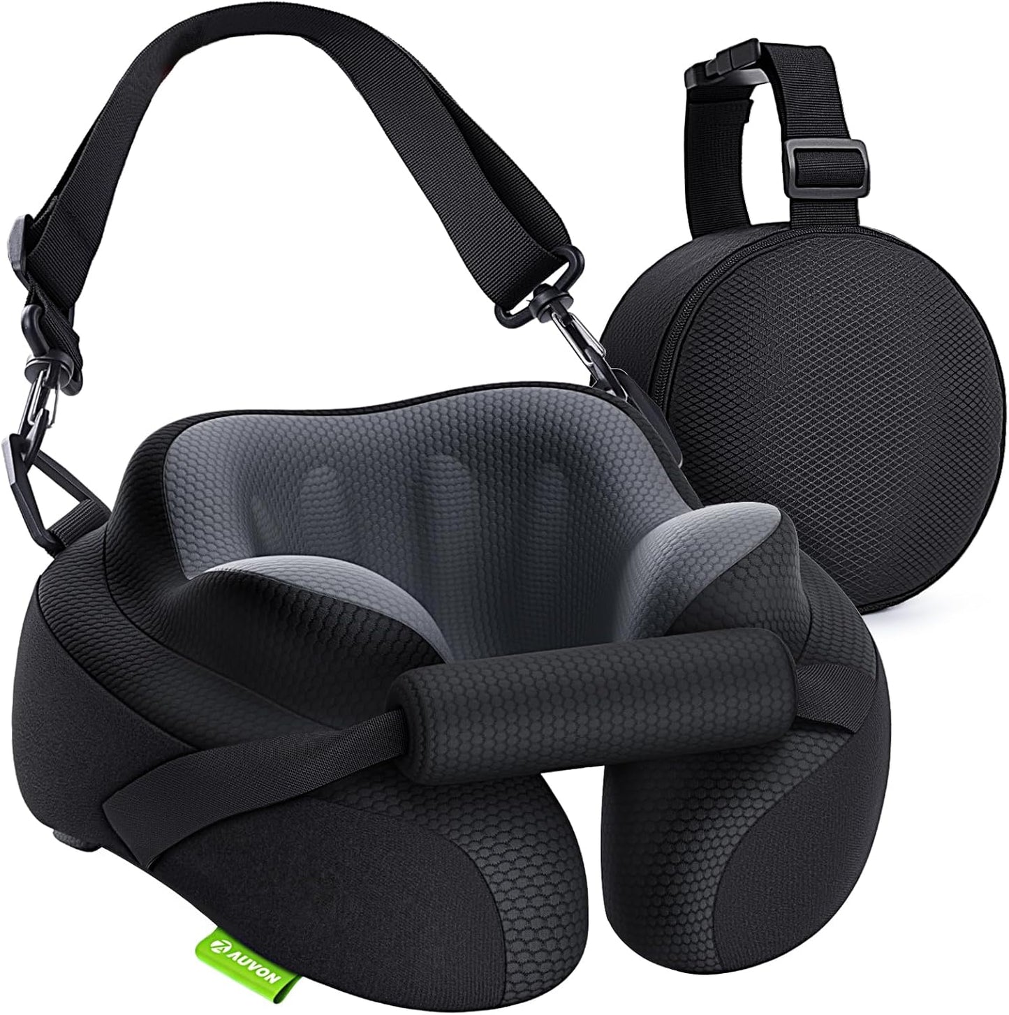 Travel Neck Pillow with Chin-Support Design & Straps to Airplane Seat, Stabilize Head for Relaxing Sleeping Rest, Ear-Friendly Memory Foam Neck Pillow for Travel, Breathable Cool Fabric