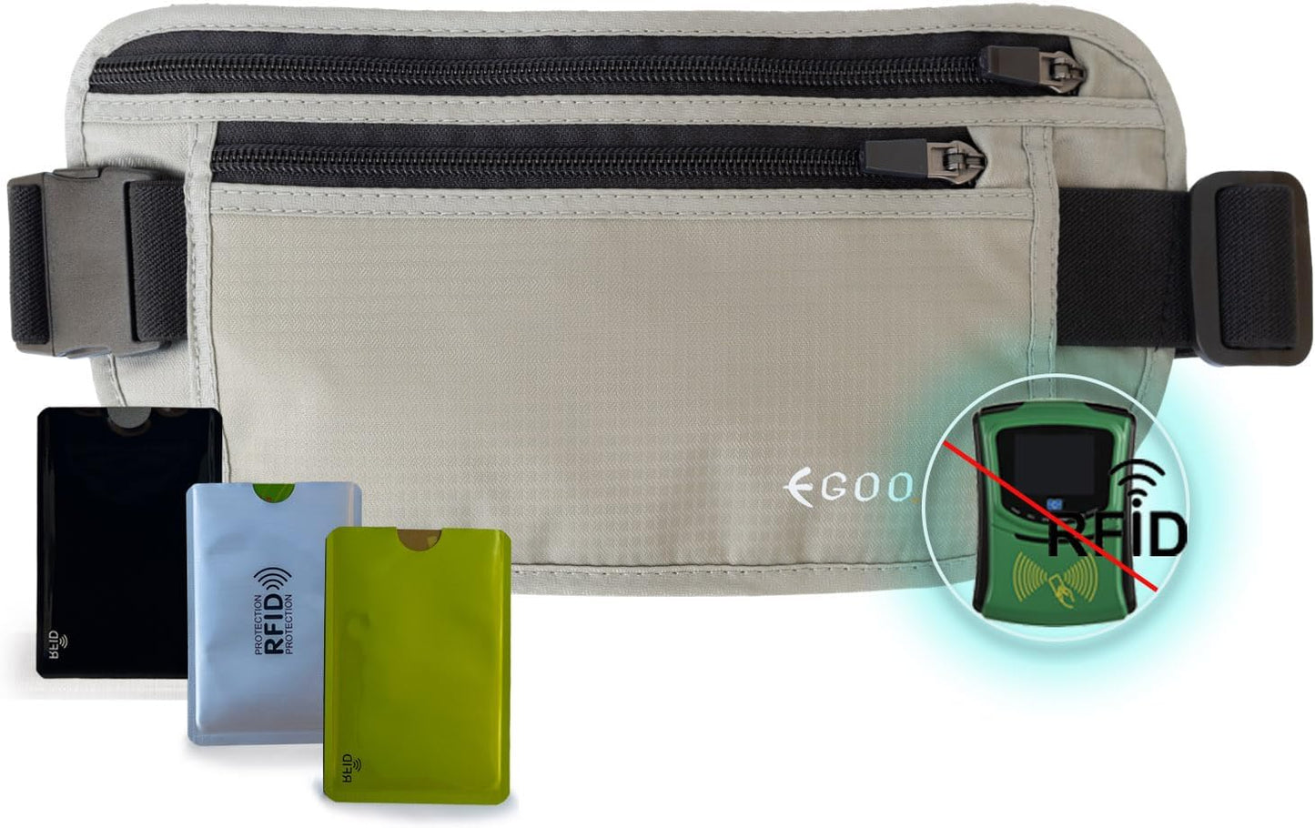 - Ultralight RFID Money Belt with Adjustable Elastic Strap for Travel Hidden Security Waist Money Pouch with Multi-Pocket + 3 RFID Card Protector Sleeve (Grey)