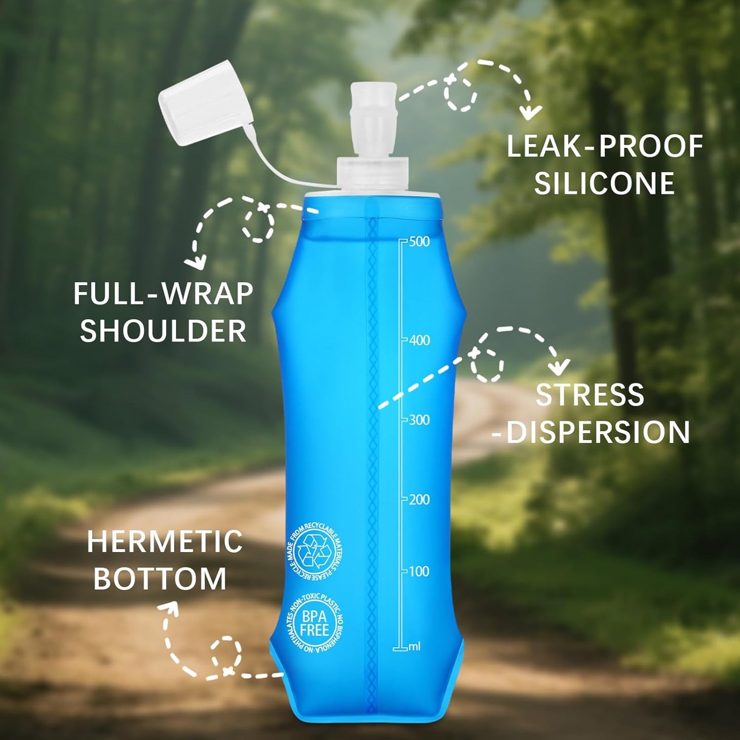 2PCS Collapsible Water Bottle - BPA- Free TPU, Reusable Soft Flask 500ML - Dust and Leak Proof for Hydration Vest, Outdoor Running, Hiking, Camping, Cycling, Travel