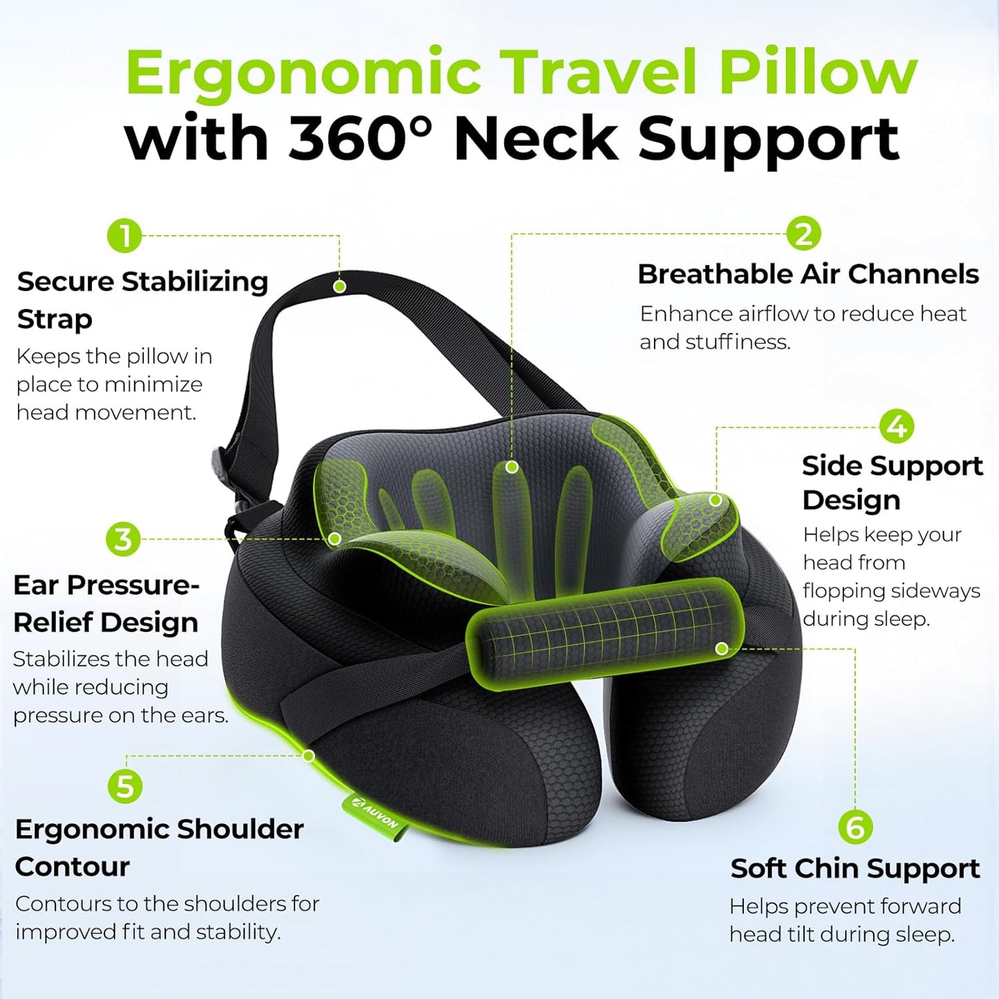 Travel Neck Pillow with Chin-Support Design & Straps to Airplane Seat, Stabilize Head for Relaxing Sleeping Rest, Ear-Friendly Memory Foam Neck Pillow for Travel, Breathable Cool Fabric