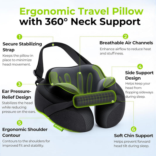 Travel Neck Pillow with Chin-Support Design & Straps to Airplane Seat, Stabilize Head for Relaxing Sleeping Rest, Ear-Friendly Memory Foam Neck Pillow for Travel, Breathable Cool Fabric