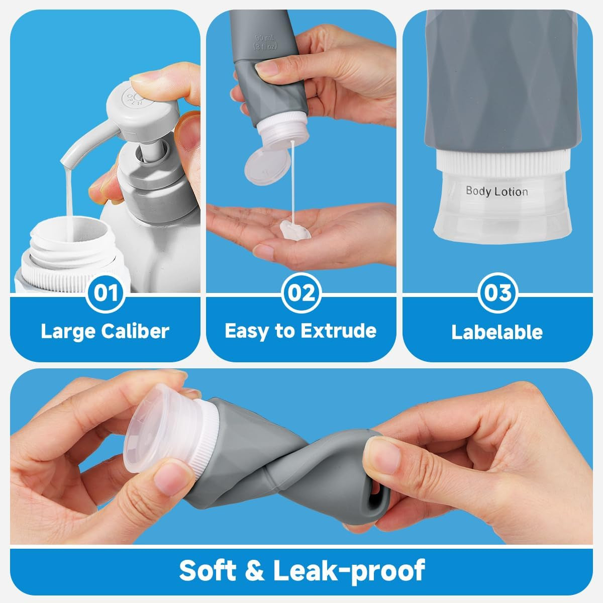 Silicone Travel Bottles for Toiletries - Leakproof, Portable, Reusable 90 Ml with Hanging Hole, Travel Essentials
