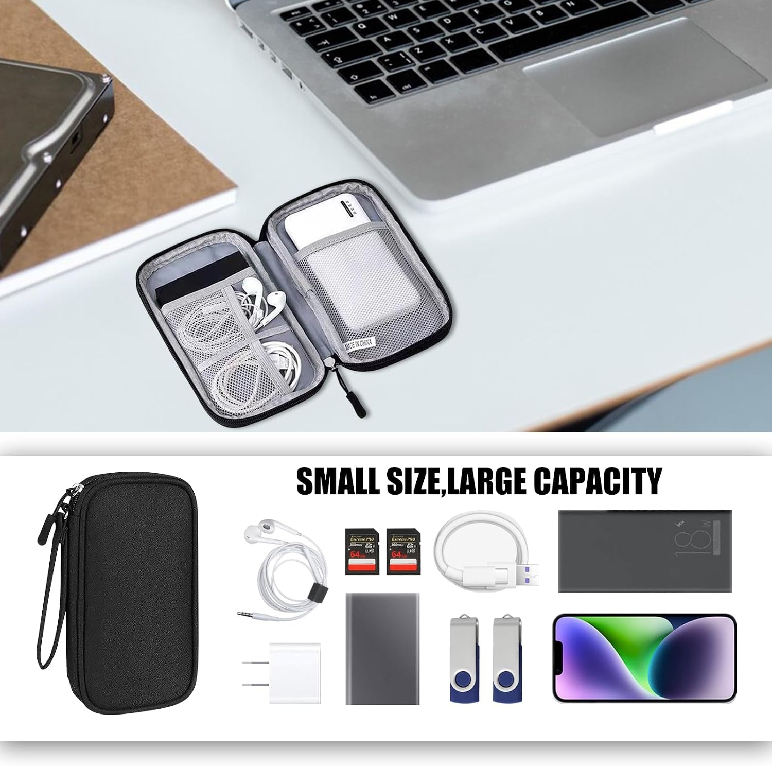 Travel Cable Organiser Bag, Portable Electronics Travel Organizer Tech Pouch, Universal Cord and Travel Gadgets Cable Pouch for Cables Power Bank Earphone USB Drive Hard Disk (Single-Layer Black)
