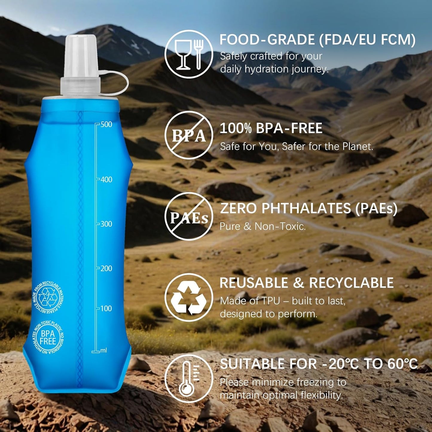 2PCS Collapsible Water Bottle - BPA- Free TPU, Reusable Soft Flask 500ML - Dust and Leak Proof for Hydration Vest, Outdoor Running, Hiking, Camping, Cycling, Travel