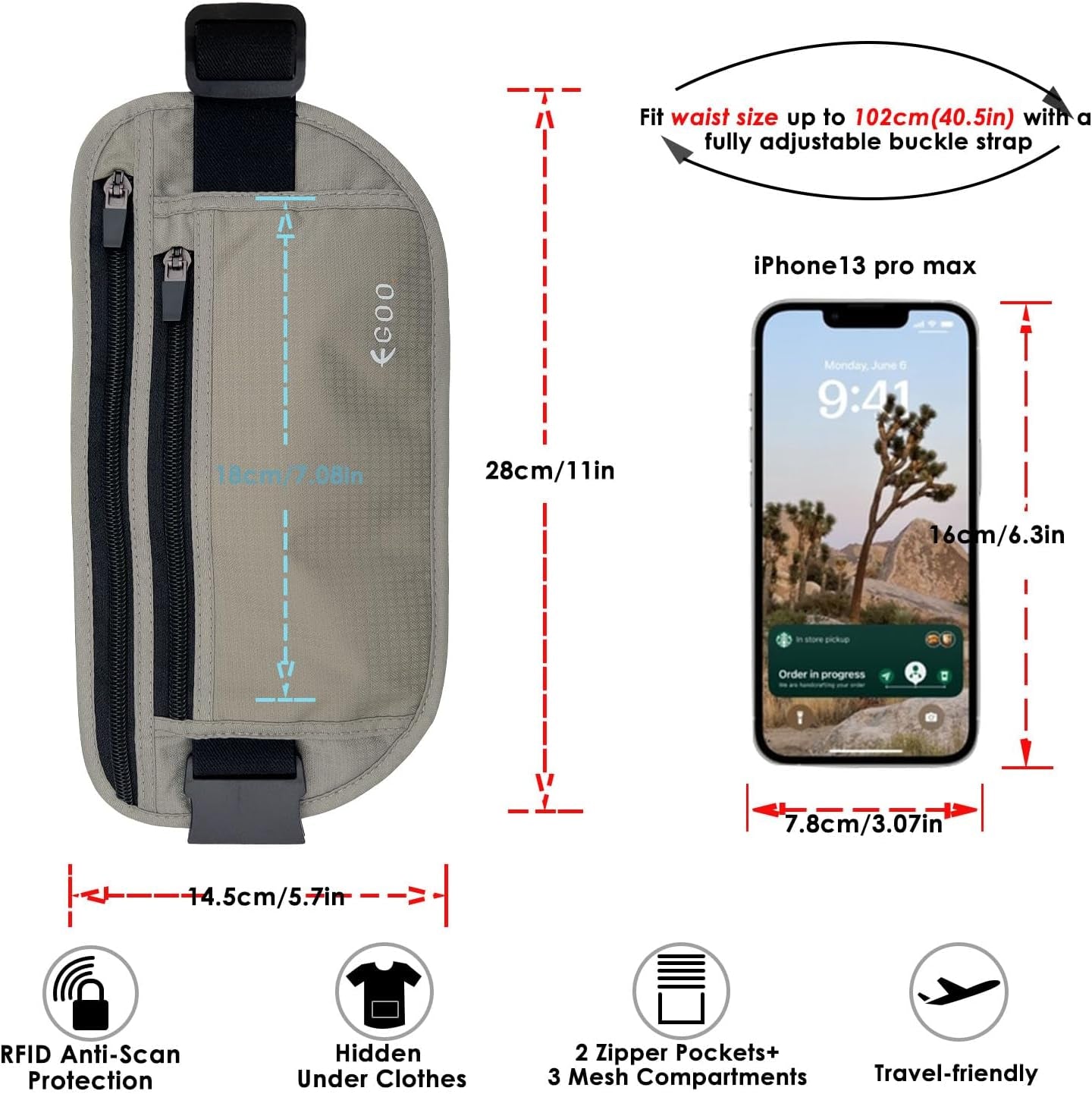 - Ultralight RFID Money Belt with Adjustable Elastic Strap for Travel Hidden Security Waist Money Pouch with Multi-Pocket + 3 RFID Card Protector Sleeve (Grey)