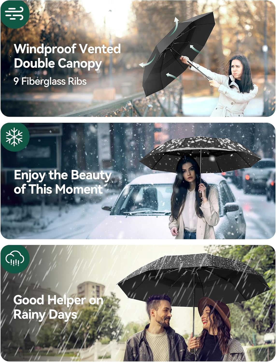 Umbrella Windproof Strong Real Wood Handle Auto Open Close Vented Double Canopy - Portable Compact Folding Travel Umbrella, Strong Fiberglass Frame for Men and Women
