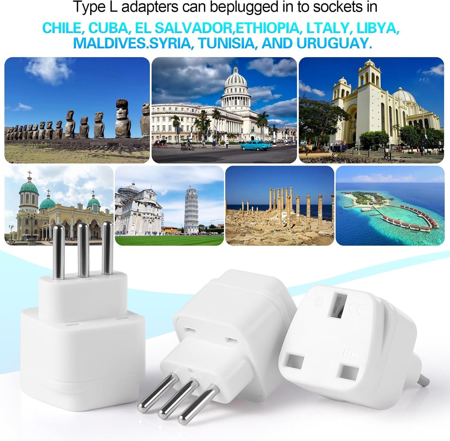 3-Pack UK to ITALY Plug Adapters Italy Power Converter Grounded Universal Travel Adapter 3 Pin Italian Chile International Type L Plug (White)