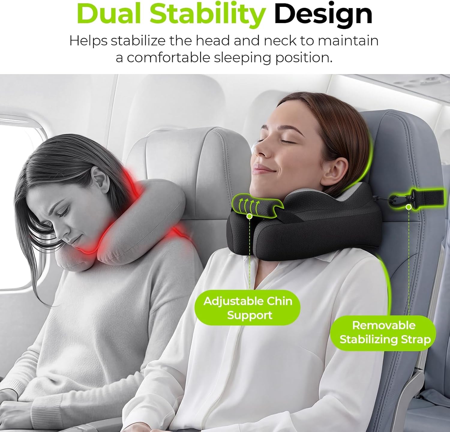 Travel Neck Pillow with Chin-Support Design & Straps to Airplane Seat, Stabilize Head for Relaxing Sleeping Rest, Ear-Friendly Memory Foam Neck Pillow for Travel, Breathable Cool Fabric