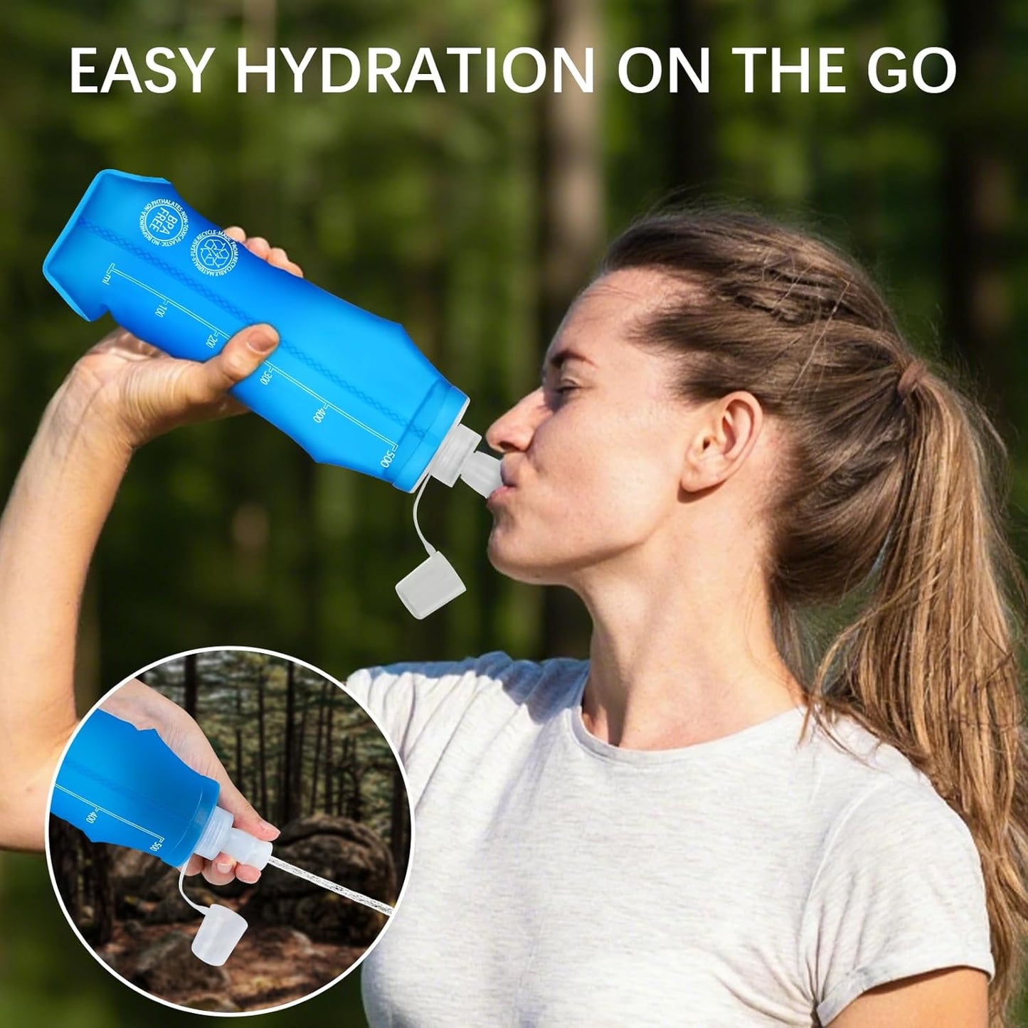 2PCS Collapsible Water Bottle - BPA- Free TPU, Reusable Soft Flask 500ML - Dust and Leak Proof for Hydration Vest, Outdoor Running, Hiking, Camping, Cycling, Travel