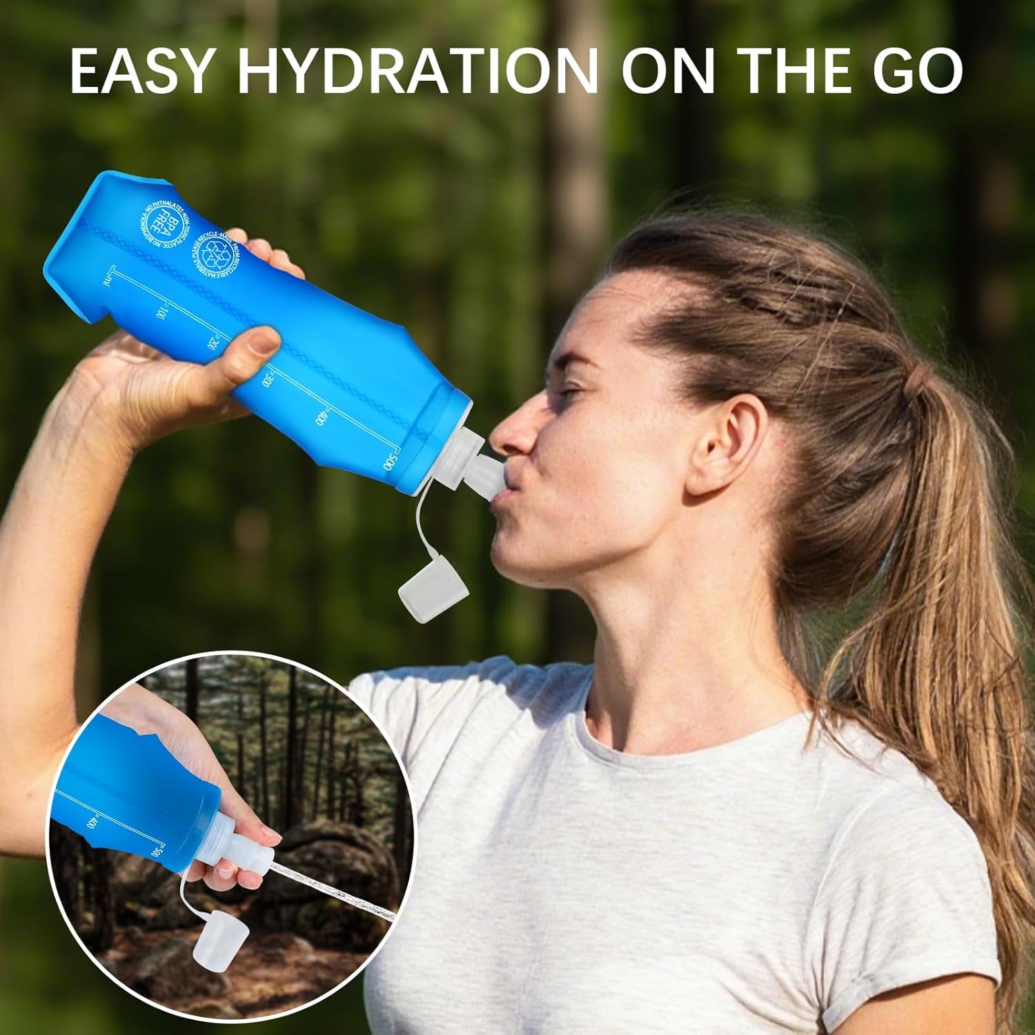 2PCS Collapsible Water Bottle - BPA- Free TPU, Reusable Soft Flask 500ML - Dust and Leak Proof for Hydration Vest, Outdoor Running, Hiking, Camping, Cycling, Travel