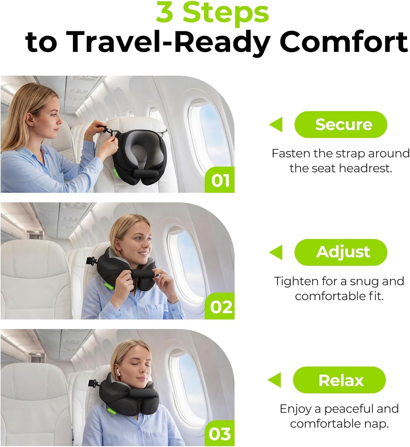 Travel Neck Pillow with Chin-Support Design & Straps to Airplane Seat, Stabilize Head for Relaxing Sleeping Rest, Ear-Friendly Memory Foam Neck Pillow for Travel, Breathable Cool Fabric