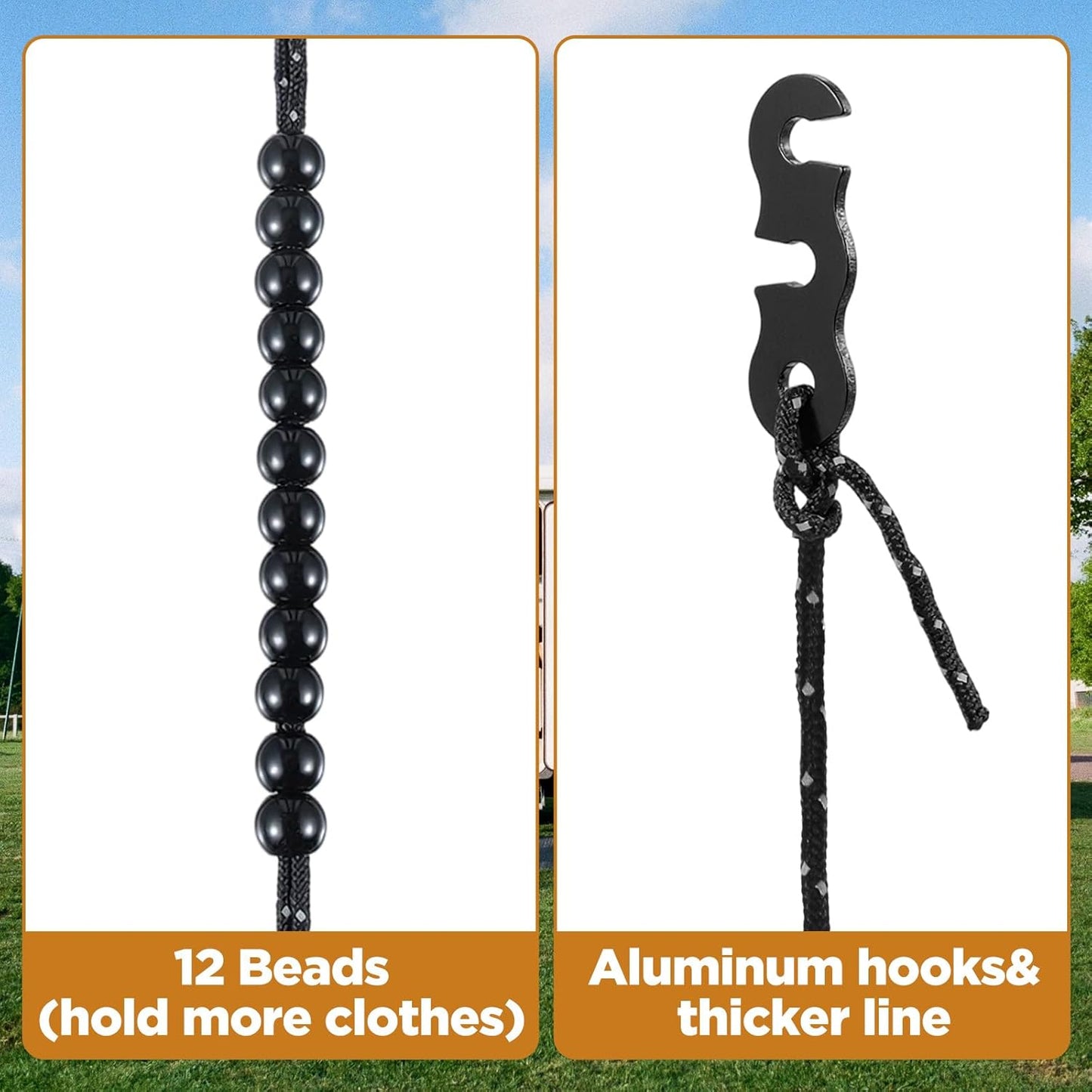 Travel Washing Line Camping Compact Portable Clothesline Non-Scratch Clothes Line Heavy Duty Buckle System with 24 Beads for Outdoor Camping, Cruise Ships, Indoor Backyard, Balcony(Dark Gray, 300Cm)