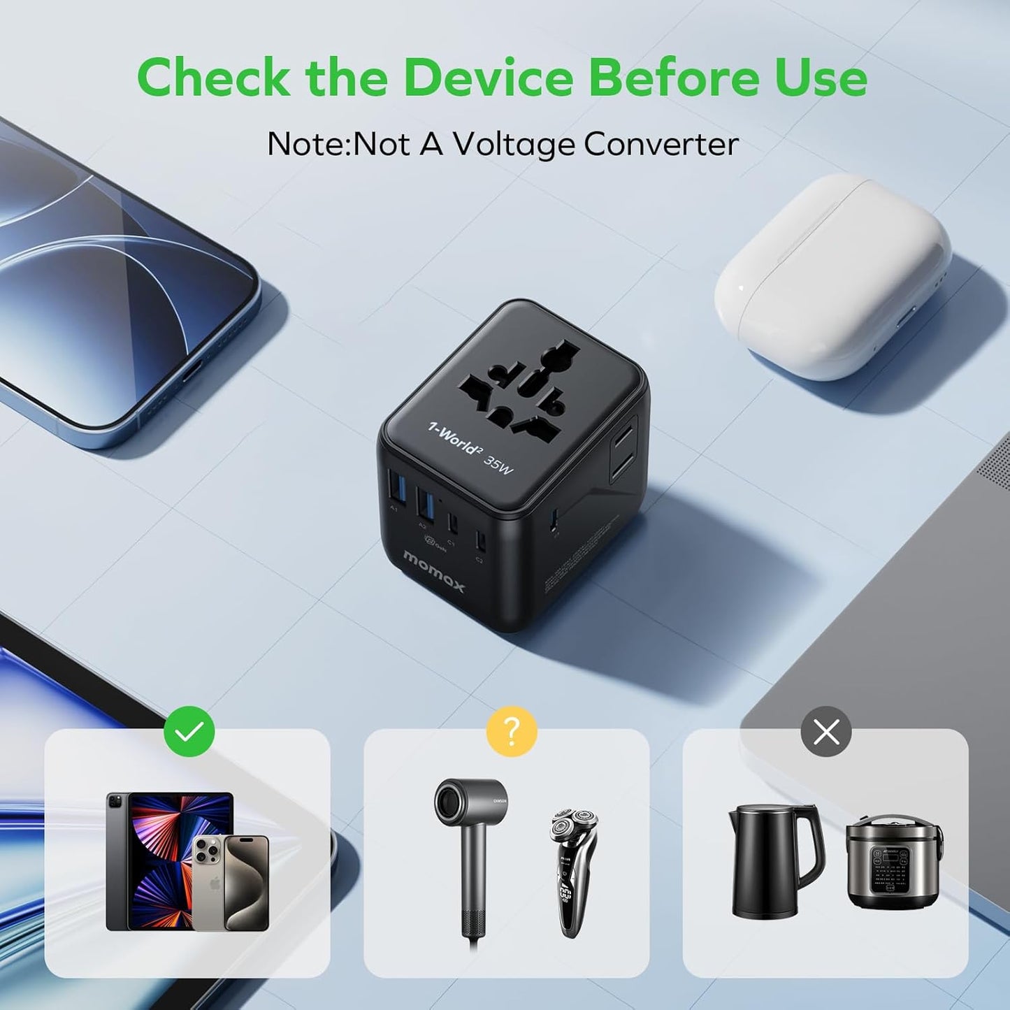 Universal Travel Adapter,35W Gan Charing with UK/EU/AU/US Plugs, Mini Travel Plug Adapter UK to European Plug Adaptor 3USB-C & 2USB-A, Adapter Plug for Tablets Phone Watch,Etc.