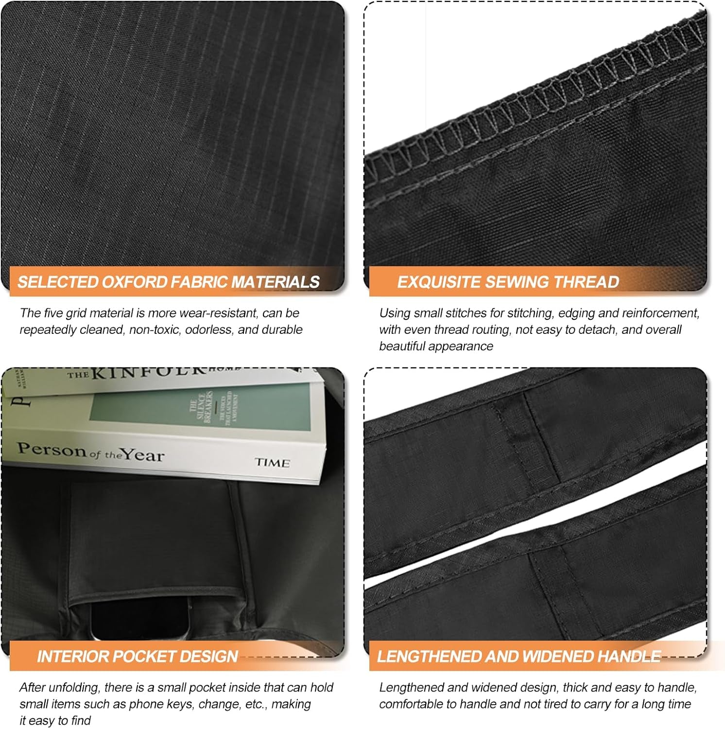 Reusable Shopping Bag Foldable, Large Fold up Tote Shopping Bags Folding in a Pouch Washable Grocery Bags Storage Black & Grey