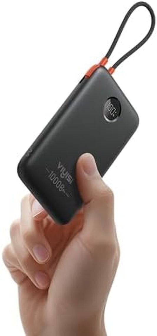 Ultra-Slim 10000Mah Power Bank, QC 22.5W Fast Charging Portable Charger with Built-In Type-C Cable, LED Display Travel Phone Charger for Iphone 17 16 15 Samsung Android -Black