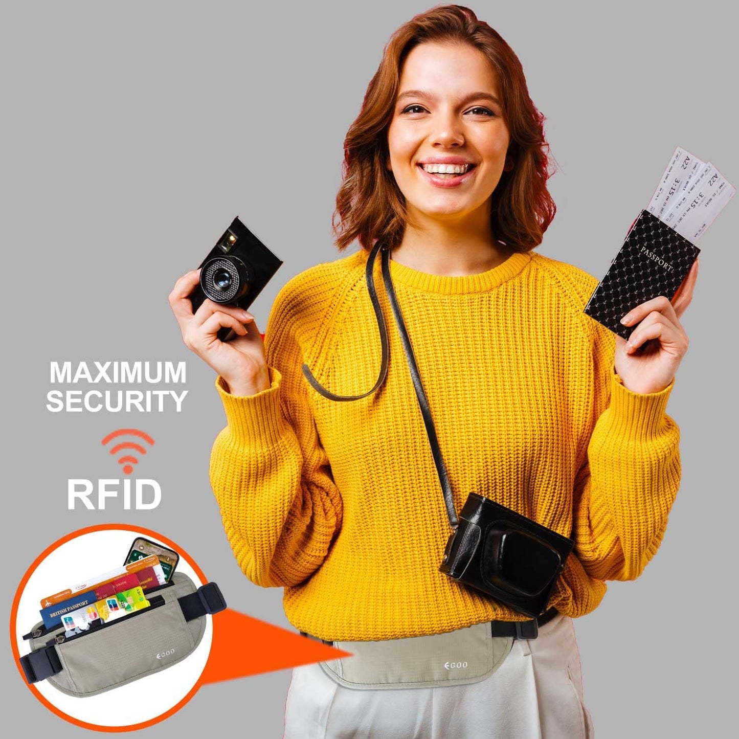 - Ultralight RFID Money Belt with Adjustable Elastic Strap for Travel Hidden Security Waist Money Pouch with Multi-Pocket + 3 RFID Card Protector Sleeve (Grey)