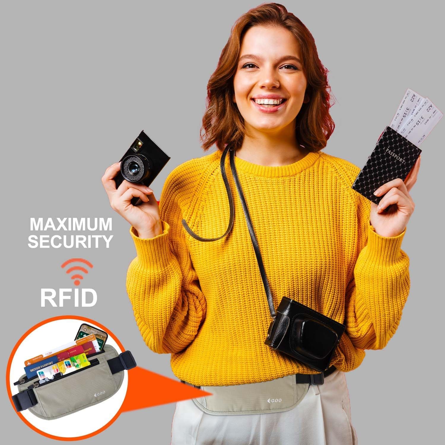 - Ultralight RFID Money Belt with Adjustable Elastic Strap for Travel Hidden Security Waist Money Pouch with Multi-Pocket + 3 RFID Card Protector Sleeve (Grey)