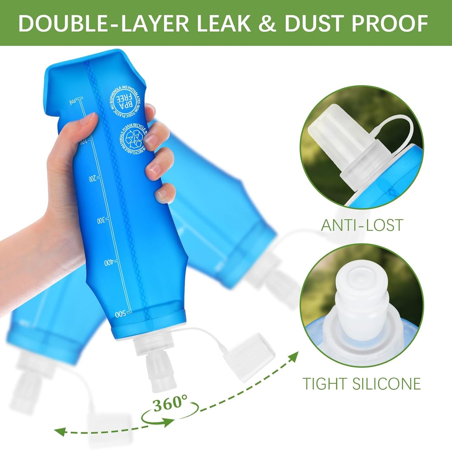2PCS Collapsible Water Bottle - BPA- Free TPU, Reusable Soft Flask 500ML - Dust and Leak Proof for Hydration Vest, Outdoor Running, Hiking, Camping, Cycling, Travel