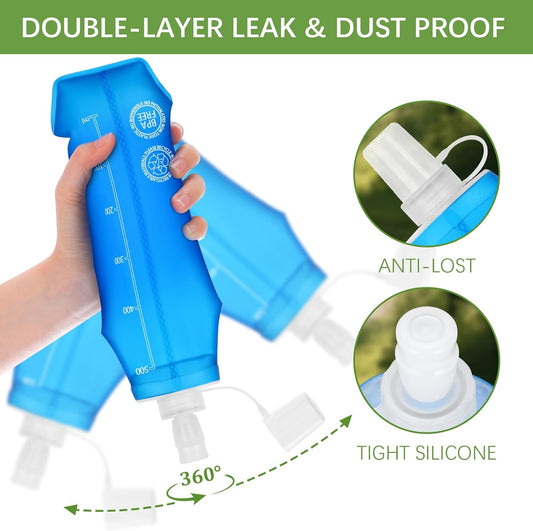 2PCS Collapsible Water Bottle - BPA- Free TPU, Reusable Soft Flask 500ML - Dust and Leak Proof for Hydration Vest, Outdoor Running, Hiking, Camping, Cycling, Travel