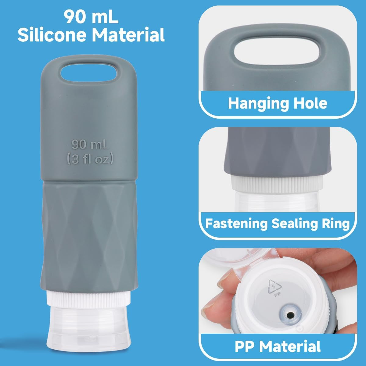 Silicone Travel Bottles for Toiletries - Leakproof, Portable, Reusable 90 Ml with Hanging Hole, Travel Essentials