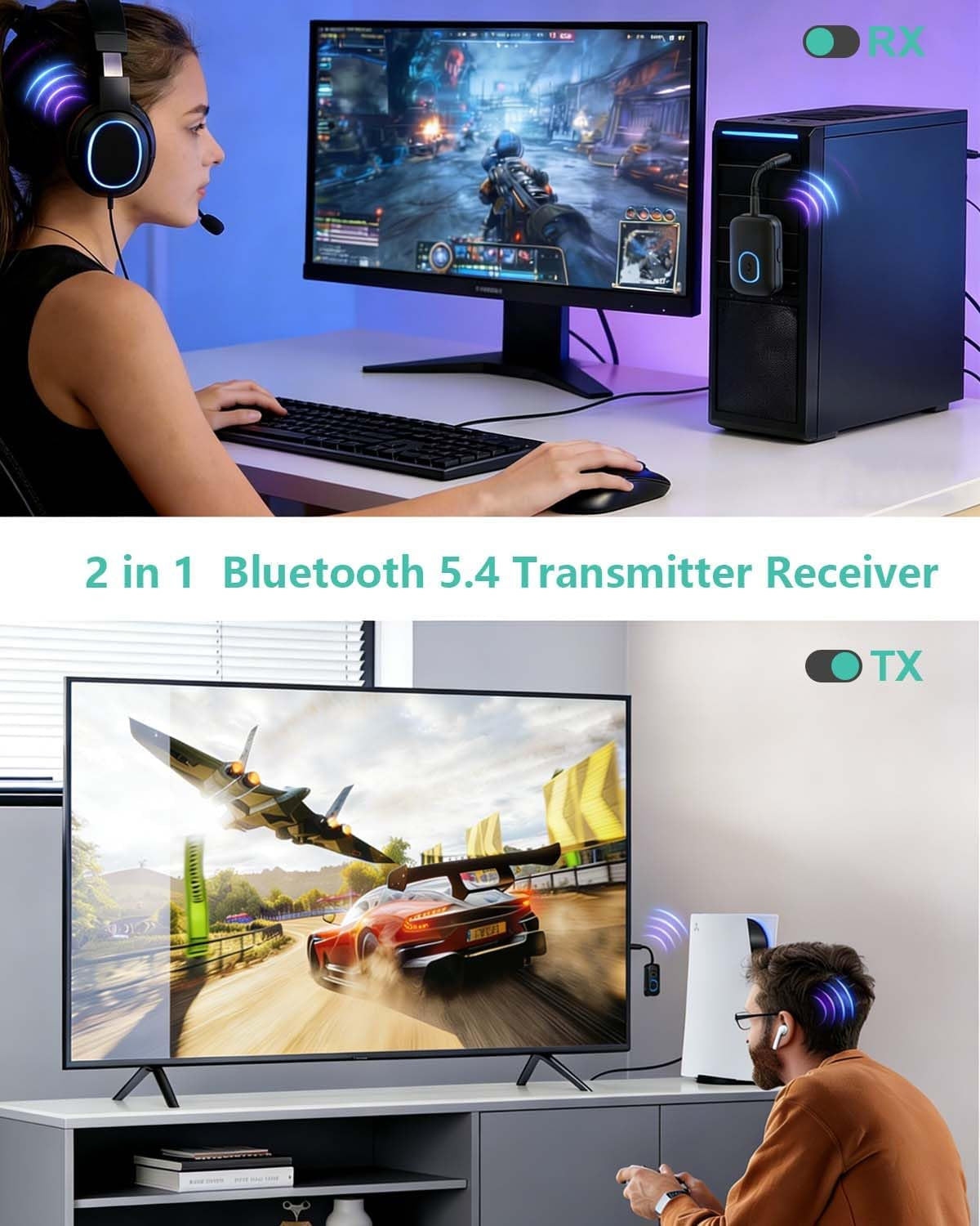 Bluetooth 5.4 Transmitter Receiver, 2 in 1 Airplane Bluetooth Adapter, 3.5Mm Wireless Flight Audio Adapter with 1Hr Fast Charge, Hands-Free Calling, Plug and Play for TV, Car, Speaker, Headphones