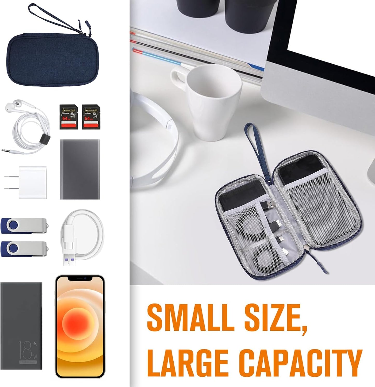 Travel Cable Organiser Bag, Portable Electronics Travel Organizer Tech Pouch, Universal Cord and Travel Gadgets Cable Pouch for Cables Power Bank Earphone USB Drive Hard Disk (Single-Layer Navy Blue)