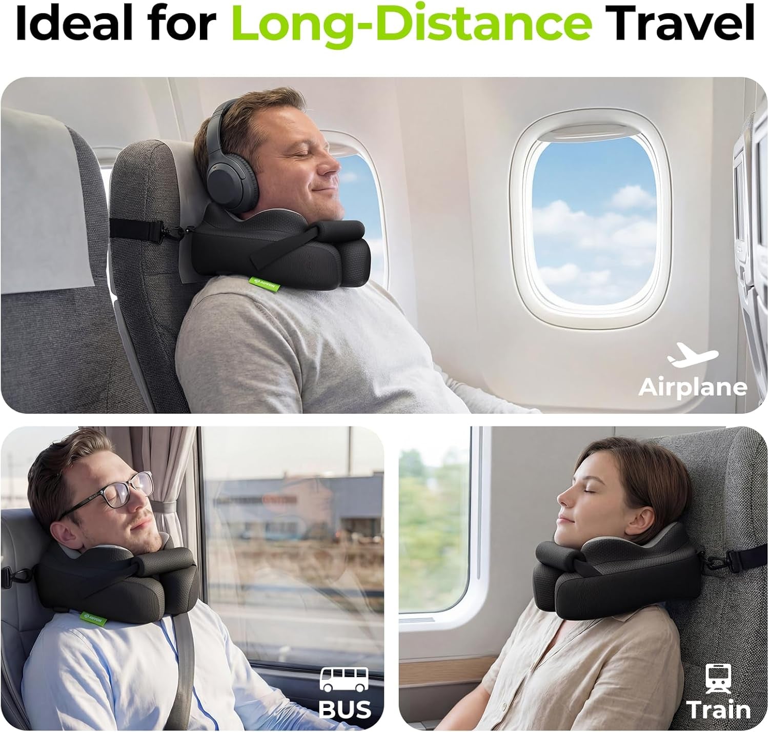 Travel Neck Pillow with Chin-Support Design & Straps to Airplane Seat, Stabilize Head for Relaxing Sleeping Rest, Ear-Friendly Memory Foam Neck Pillow for Travel, Breathable Cool Fabric
